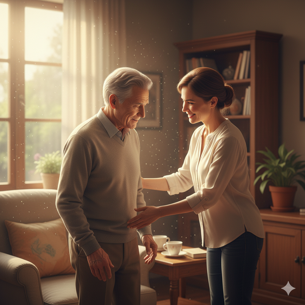 Cuidador ajudando uma pessoa idosa a se levantar de uma cadeira