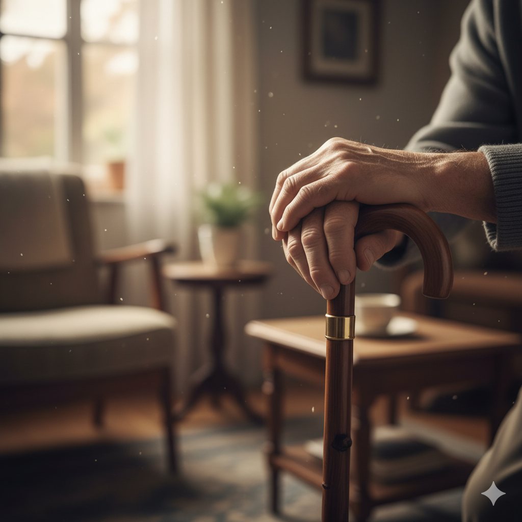 Mãos de uma pessoa idosa apoiadas em uma bengala