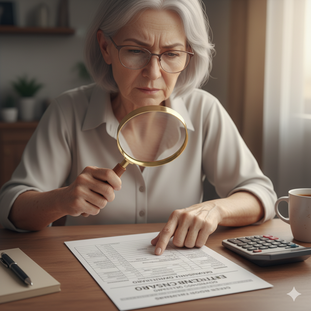 Pessoa idosa verificando extrato bancário com uma lupa
