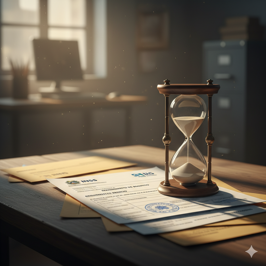 Ilustração de uma ampulheta ao lado de documentos do INSS