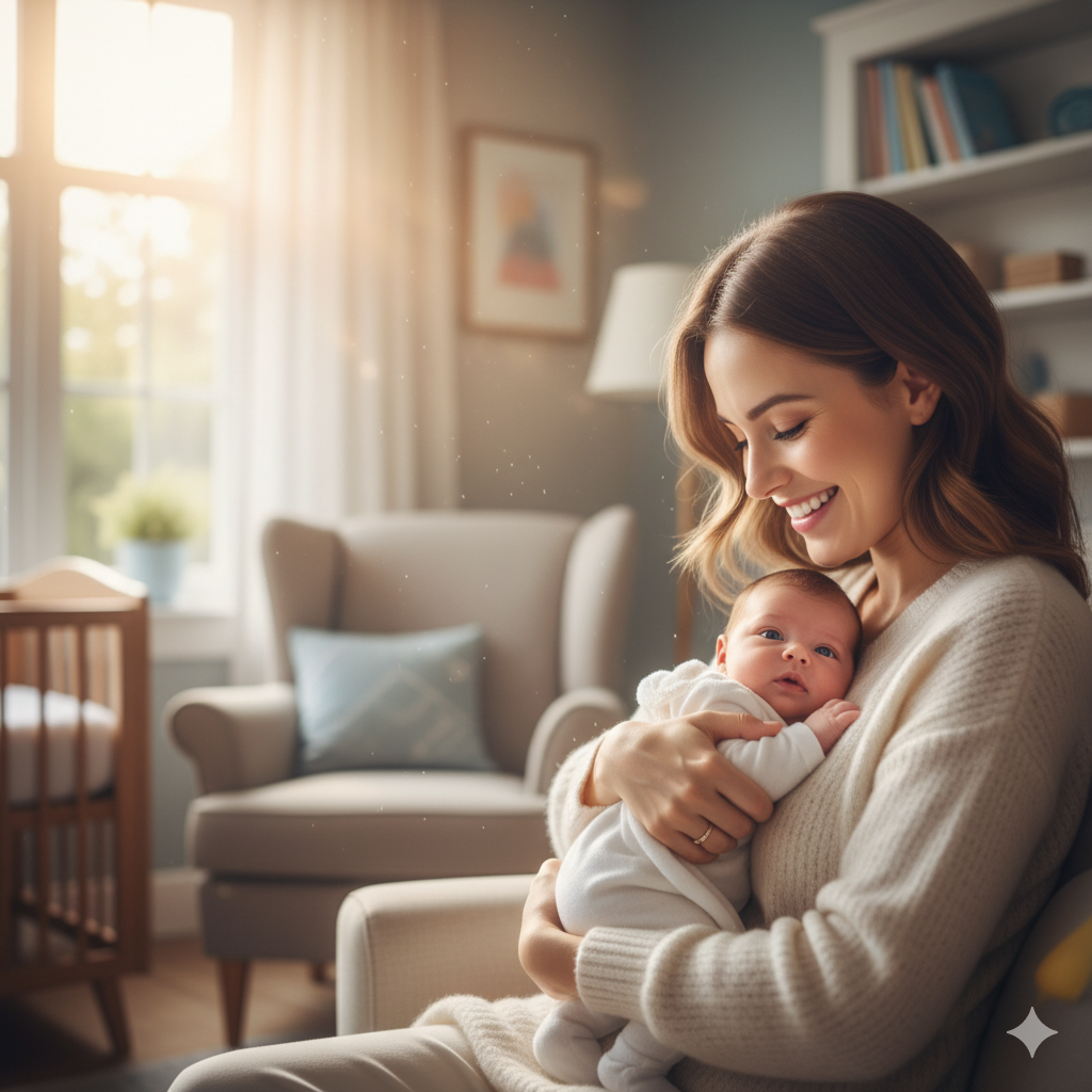 Mãe sorrindo com seu bebê no colo